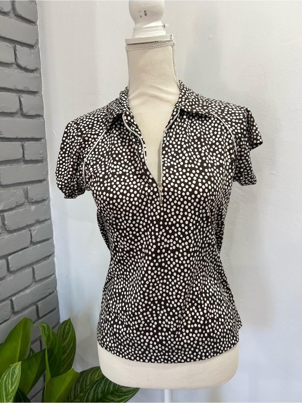 Sport Haley Black and White Polka Dot Short Sleeve Polo Top